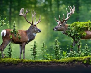 A conceptual merging of a cannabis plant with vibrant Canadian wildlife, symbolizing THCA’s role in conservation with species like Boreal Caribou and Pacific Salmon depicted in a thriving forest ecosystem.